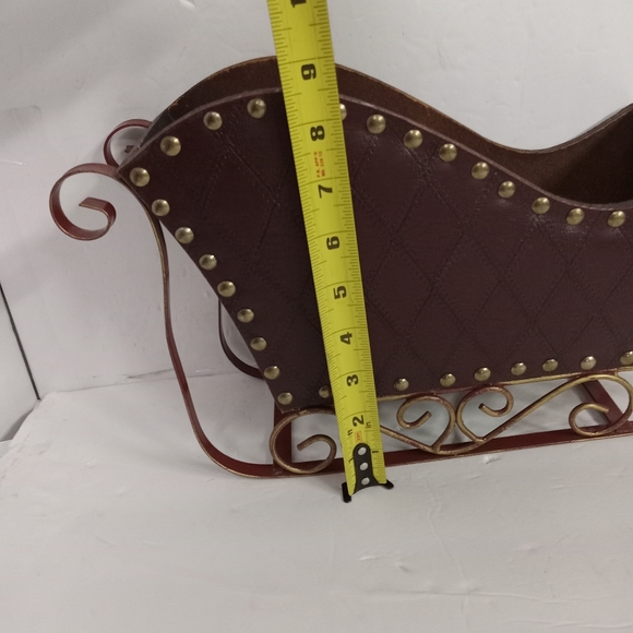 Santa Christmas Sleigh Wooden Metal & Burgundy Leather Large - Picture 6 of 9